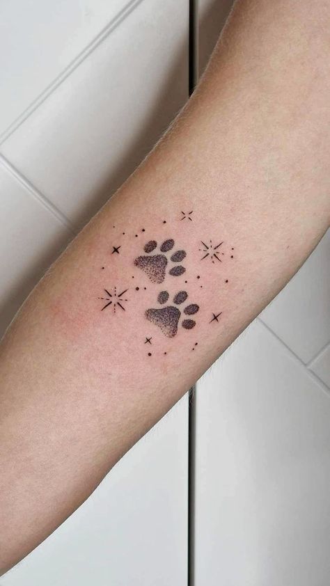 Dog Paw Star Tattoo, Paw Design Tattoo, Delicate Paw Print Tattoo, Pet Paw Tattoo Ideas, Dog Star Tattoo, Cat Memorial Tattoo Paw, Cat Paw Print Tattoo Ideas, Paws Tattoo Design, Paws Tattoo Ideas