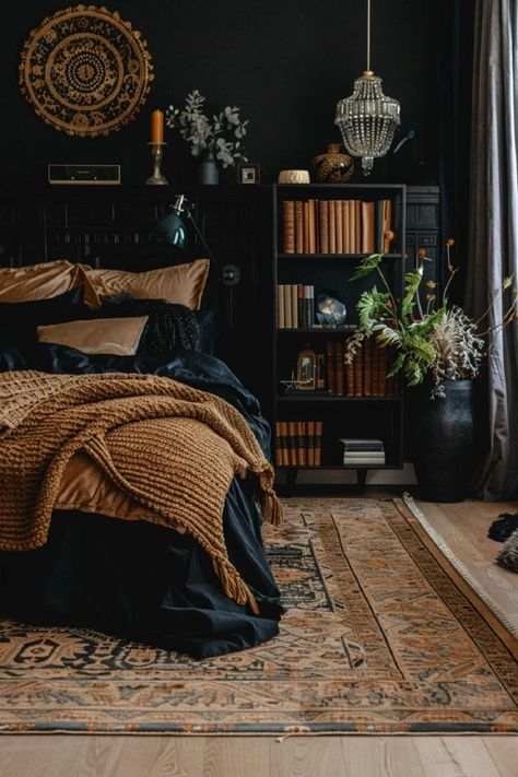 Black Bedding Room Ideas For Couples, Black Small Room Ideas, Black Bedroom Small Room, Black Boho Interior, Boho Mens Bedroom, Black And Jewel Tone Bedroom, Black Limewash Bedroom, Dark Wood And Black Bedroom, Gothic Master Bedrooms Decor