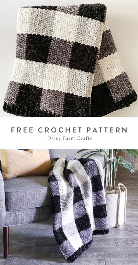 Free Pattern - Crochet Buffalo Check Gingham Throw Gingham Blanket, Motifs Afghans, Modern Haken, Daisy Farm, Plaid Crochet, Crochet Black, Confection Au Crochet, Farm Crafts, Black Gingham