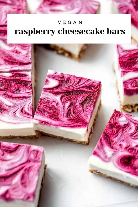 These vegan raspberry cheesecake bars are creamy, delicious, and loaded with swirls of raspberry goodness! These will make all your dessert dream come true! #vegandesserts #dairyfreedesserts #vegandessertrecipes #vegancheesecake #vegancheesecakerecipe Vegan Raspberry Cheesecake, Cake Bites Recipe, Amazing Dinner Ideas, Raspberry Cheesecake Bars, Chia Recipes, Cheesecake Vegan, Vegan Cheesecake Recipe, Raspberry Desserts, Healthy Cheesecake