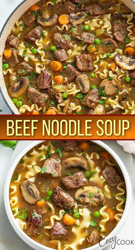 Beef Noodle Soup with chunks of beef, mushrooms, noodles, and vegetables Cozy Cook, Cozy Soup, Beef Soup Recipes, Winter Foods, Noodle Soup Recipe, Beef Noodle Soup, Homemade Soup Recipe, Cheap Meal Ideas, Simple Family Meals