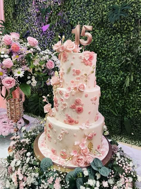 Pink Xv Cake, 15 Cakes Quinceanera Pink, Quinceanera Cakes Pink, Floral Sweet 16 Theme, Quinceanera Ideas Pink, Debut Cakes, Cakes Quinceanera, Forest Theme Cakes, Pink Quince Theme