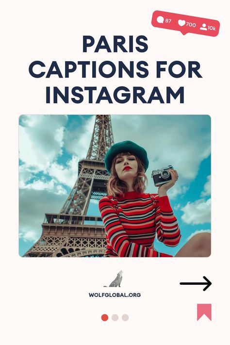 A stylish woman with a camera posing in front of the Eiffel Tower.
Infographic list with whimsical statements celebrating Parisian culture and attractions, with emojis.
Promotional image featuring a happy woman using a laptop, advertising Instagram engagement services at WOLFGLOBAL.ORG. Snippets Caption, Paris Instagram Captions, Paris Quotes, Corinne Bailey Rae, Short Instagram Captions, I Love Paris, Captions For Instagram, Perfect Word, Emily In Paris