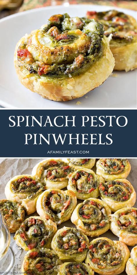 Spinach Pesto Pinwheels - A Family Feast® Pesto Pinwheels, Puffed Pastry, Puff Pastry Pinwheels, Savory Puff Pastry, Pesto Spinach, Spinach Pesto, Puff Pastry Appetizers, Pinwheel Appetizers, Savory Pastry