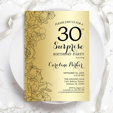 $2.80 | Gold Surprise 30th Birthday Party | Birthday Invitations | surprise 30th birthday, surprise birthday, womans birthday, surprise party, floral, elegant, botanical, gold, gold black, gold glitter Shhh Its A Surprise, Birthday Party Ideas For Women, Party Ideas For Women, Surprise 50th Birthday Party, 90 Birthday, Surprise 30th Birthday, 50th Anniversary Invitations, Surprise 60th, 40th Birthday Party Ideas