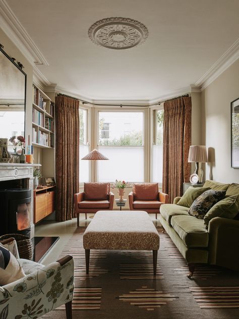 Victorian Living Room Layout Ideas, London Living Room Bay Window, Sofa In Front Of Bay Window, Large Long Living Room Layout, Bay Window Living Room Layout, Sitting Room Layout, Long Living Room Ideas, Muted Aesthetic, English Townhouse