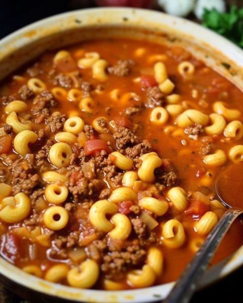 This dish was my jam back in the day—I'd bug my mom nonstop to cook it for me Beef Macaroni Soup, Macaroni Soup Recipes, Beef Macaroni, Macaroni Soup, Beef Soup Recipes, Fast Meals, Homemade Soup Recipe, Chili Soup, Beef Casserole Recipes