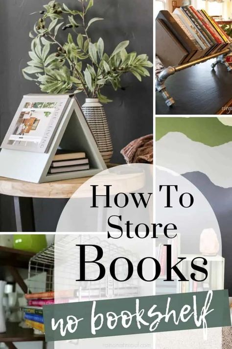 Non Bookshelf Book Storage, How To Hide Bookshelf Clutter, Interesting Book Shelves, Displaying Books Without A Bookshelf, Book Storage For Bedroom, Display Books Without Bookshelf, Book Storage Without Bookshelf, No Bookshelf Book Storage, Where To Put Books Without Bookshelf