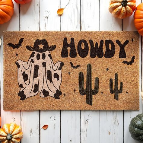 Howdy Ghost Coir Mat, Welcome Funny Halloween Coir Mat, Howdy Ghost Happy Halloween Coir Mat, Welcome Mat Door Mat, Outdoor Doormat Fall Mat Ghost and Bats, Happy Halloween, Coir Door Mat, Sweet skull, Welcome Mat Front Door Mat, Outdoor Mats, Doormat Fall Mat, Halloween Decor Mat Welcome to our store! Our doormat is made with high-quality natural coir with backs that are made with slip-resistant PVC rubber backing. All mats are printed with UV-resistant ink so that they last long under all weather conditions. Our doormat is the perfect long-lasting gift for your loved ones. Made from 100% coir, this rectangular doormat helps keep your space clean, while the backing material helps prevent it from slipping or sliding. Our doormat is made of 0.5in thick coconut coir fiber, the material easil Halloween Rug Painting, Halloween Door Mats Funny, Welcome Mat Halloween, Western Fall Paintings, Funny Diy Door Mats, Painted Door Mat Diy Fall, Spooky Door Mat, Halloween Doormat Painting, Halloween Door Mats Diy