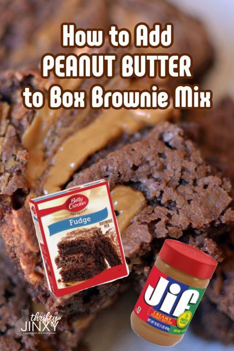 Can you add peanut butter to box brownies? You sure can!! Here's how to do it so you can end up with the most delicious peanut butter brownies. Peanut Butter Filling For Brownies, Peanut Butter Topping For Brownies, Brownies Peanut Butter Swirl, Add Peanut Butter To Boxed Brownies, Recipes Using Brownie Mix Boxes Desserts, Peanut Butter Swirl Brownies Box Recipes, What To Do With Brownie Mix Boxes, What To Add To Brownies, What To Make With Brownie Mix Boxes