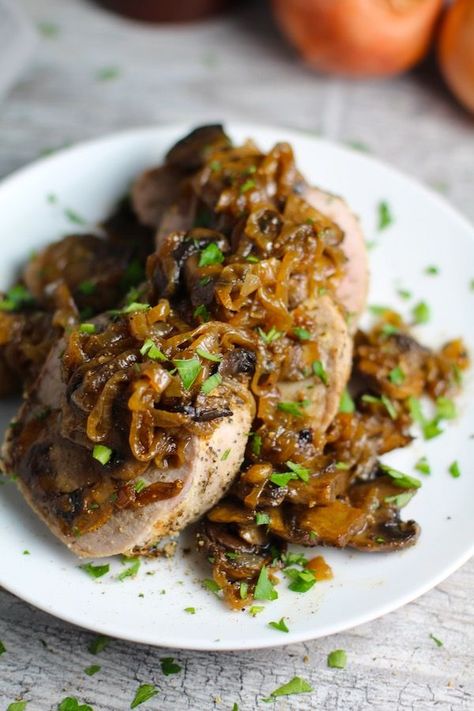 This pork tenderloin roasts in the oven and is moist, juicy, and seasoned perfectly.  The Caramelized Onions & Mushrooms are sauteed low and slow  to bring out all of the natural sugars and caramelize them to perfection with a touch of balsamic vinegar.  This is an easy, but amazing holiday dinner or christmas dinner!  #christmasdinner #porkroast #porktenderloin #caramelizedonions #maindish #roast #holidayrecipes #dinner #dinnerrecipes #glutenfree Mom Meal Prep, Pork Spices, Caramelized Onions And Mushrooms, Entertaining Dinner, Tenderloin Roast, Roast Dinner, Stuffed Pork Tenderloin, Over The Edge, Easter Dinner