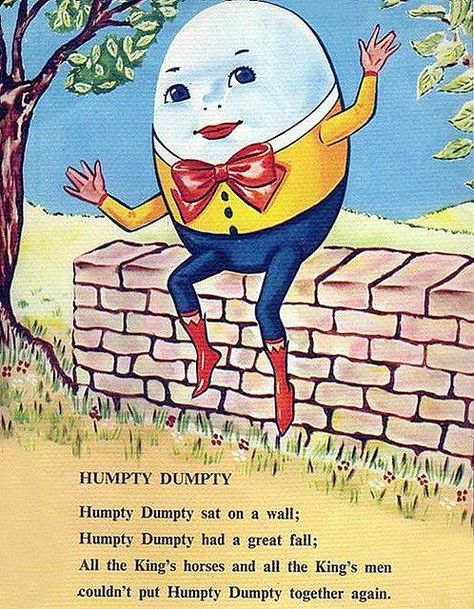 Humpty Dumpty sat on a wall Humpty Dumpty had a great fall All the king’s horses and all the king’s men Couldn’t put Humpty Dumpty together again. ~children’s rhyme Shattere… Childhood Poem, Preschool Poems, Nursery Rhymes Poems, Old Nursery Rhymes, Nursery Rhymes Lyrics, Rhymes Lyrics, English Rhymes, Nursery Rhymes Preschool, Childrens Poems