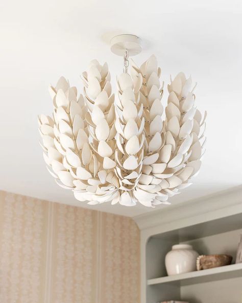 Coco Magnolia Hanging Pendant, White Shell Chandelier, Coco Magnolia Chandelier, Office Chandelier Ideas, Shell Light Fixture, Bedroom Pendants, Magnolia Chandelier, Bedroom Pendant Lighting, Bedroom Pendant Light