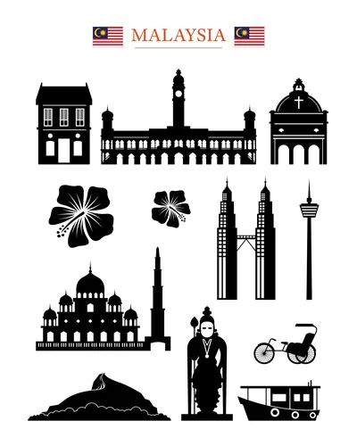 Malaysia landmarks people in traditional clothing Vector Image Object Architecture, Clothing Vector, Black And White Silhouette, Creative Presentation, Graphic Ideas, Culture Travel, Design Thinking, Traditional Clothing, Architecture Building