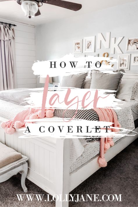 How to layer a coverlet, bed making tips! Coverlets help to dress a bed in style. You can use a coverlet to add extra warmth under a comforter or alone with a sheet during warmer weather. Learn how to style it like a boss. #coverlet #howtostyleabed #howtolayeracoverlet #howtodressupyourbed #howtomakeyourbedpretty #bedmaking Layer A Bed Like A Designer, Style A Bed Inspiration, How To Style Your Bed, How To Dress A Bed Like A Designer, Bed Making Ideas Style, Bedding Layering Ideas, Farmhouse Master Bedding, Making A Bed Like A Designer, Making Bed Ideas