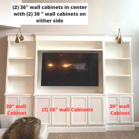 white built in media center with dimensions Diy Built In, Tv Built In, Built In Entertainment Center, Storage Living Room, Built In Shelves Living Room, Living Room Wall Units, Living Room Built Ins, Diy Entertainment, Shelves Living Room