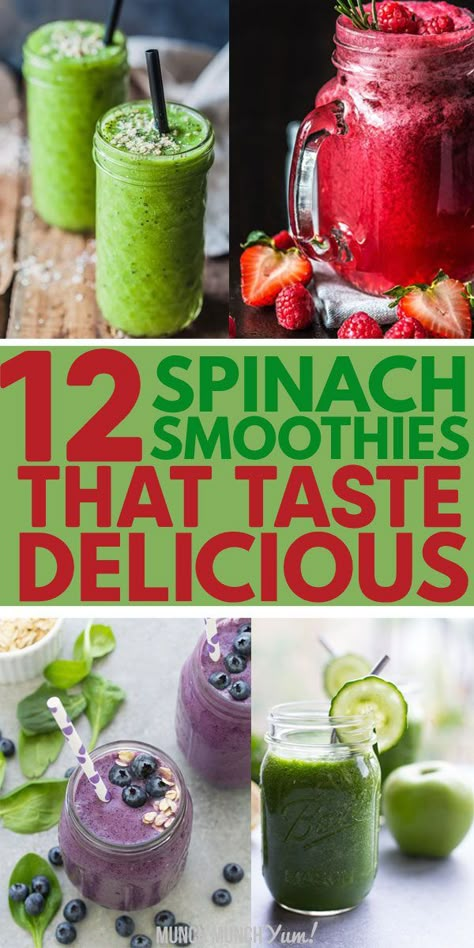 Best SPINACH SMOOTHIE recipes! Healthy for weight loss, protein, detox, energy or other benefits. Sweet frozen green drinks that taste good even for kids with ingredients like peanut butter, strawberry, pineapple, banana, blueberry, blackberry, raspberry, mango, chocolate, apple, peach, berry, greek yogurt, orange, avocado, other fruit, ginger cucumber, kale, almond milk, oatmeal and more. Easy, delicious smoothies that are simple to prep for breakfast in a bowl. Low carb, keto, dairy free ... Best Spinach Smoothie Recipe, Spinach Smoothie Recipes, Smoothies Vegan, Veggie Smoothies, Smoothie Recipes Strawberry, Fruit Smoothie Recipes Healthy, Recipes Healthy Breakfast, Milk Smoothie, Smoothie Recipes Healthy Breakfast