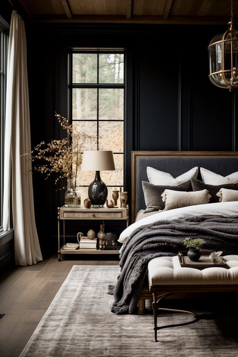 Wall Colors For Dark Wood Floors Master Bedrooms, Colorado Bedroom Ideas, Iron Ore Bedroom, Moody Master Bedrooms Decor, Moody Primary Bedroom, Dark Romantic Bedroom, Moody Romantic Bedroom, Moody Room, Moody Bedroom Ideas