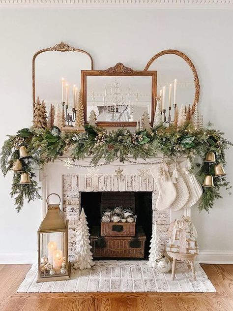 23 Christmas Mantel Decor Ideas for 2023 - Yanko Design Christmas Mantle Decor With Mirror, White And Gold Christmas Mantle, Neutral Christmas Mantle, Gingerbread Mantle, Christmas Mantles Ideas Fireplaces, Mantle Decor With Pictures, Christmas Mantel Decorating Ideas, Mantel Decorating Ideas, Glass Bowl Decor