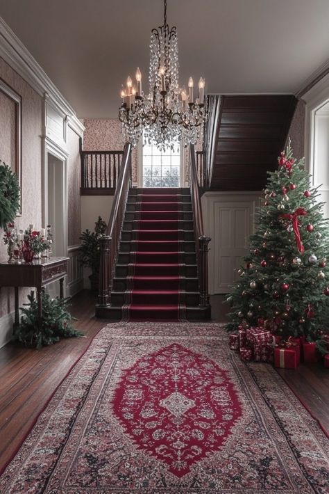 Traditional Victorian Foyer Grand Staircase Entrance, Victorian Foyer, Vintage Staircase, Vintage Christmas Decor Ideas, Mid Century Entryway, Vintage Baubles, Historical Christmas, Vintage Sled, Cottage Porch