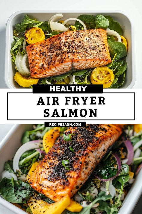 I've found the perfect recipe for a healthy meal that's bursting with flavor! This Air Fryer Salmon is so easy to make and pairs beautifully with fresh spinach and grilled lemons. The crispy texture and savory seasoning make it a go-to dish in my kitchen. You won't believe how quickly you can have a gourmet meal ready! Airfryer Fish Recipe, Whole 30 Air Fryer Recipes, Clean Eating Air Fryer Recipes, Airfryer Salmon Recipes, Salmon Recipes Air Fryer, Salmon Air Fryer Recipes, Air Fryer Salmon Recipes, Airfryer Salmon, Air Fryer Ideas