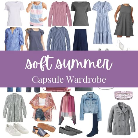 SOFT SUMMER CAPSULE WARDROBE 7 tops in cool, soft colors 4 bottoms + 2 dresses perfect for Softl Summer 5 completer pieces to style 4 pair of varied neutral shoes 8 muted and cool accessories Want to learn more about Soft Summer (or any season)? Comment “EXPLORE” to get the link. #softsummer #softsummercolors #softsummerpalette #softsummerlook #softsummerinspo #coloranalysis #seasonalcoloranalysis #summercapsulewardrobe #capsulewardrobe #capsulewardrobechallenge #capsulewardrobeblogger #su... Soft Summer Shoes, Soft Summer Color Palette Outfits Capsule Wardrobe, Soft Summer Winter Outfits, Soft Summer Wardrobe Capsule, Soft Summer Jewelry, Muted Summer Outfits, True Summer Capsule Wardrobe, Soft Summer Color Palette Outfits, Soft Summer Outfits Inspiration