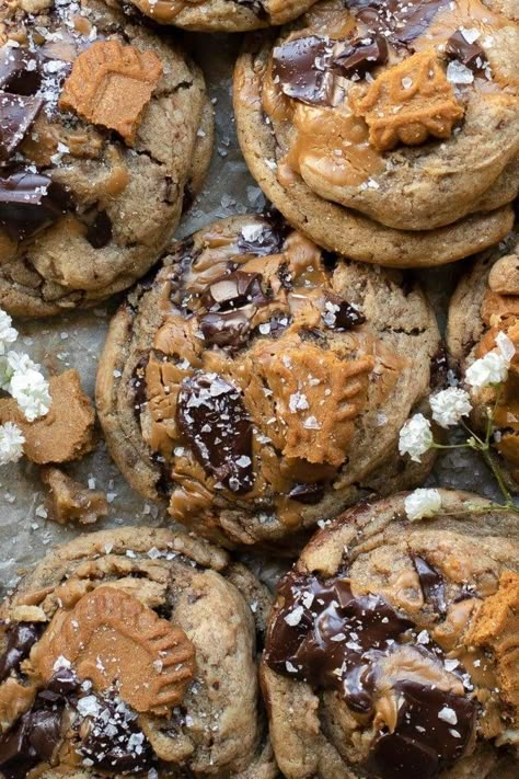 Biscoff Chocolate Chip Cookies Trader Joes Cookie Butter Recipe, Marbled Chocolate Chip Cookies, Cookie Flavor Combinations, Super Thick Cookies, Cafe Food Recipes Ideas, Moose Tracks Cookies, Cookie Butter Chocolate Chip Cookies, Elevated Chocolate Chip Cookies, Popular Cookie Flavors