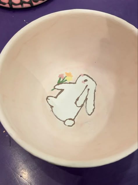 Bunny 🩷🩷🩷 Bunny Pottery Painting, Bunny Pottery, Girly Activities, Painting Pottery Ideas, Pottery Date, Painted Pottery Ideas, Bunny Clay, Embroidery And Painting, Hand Building Pottery