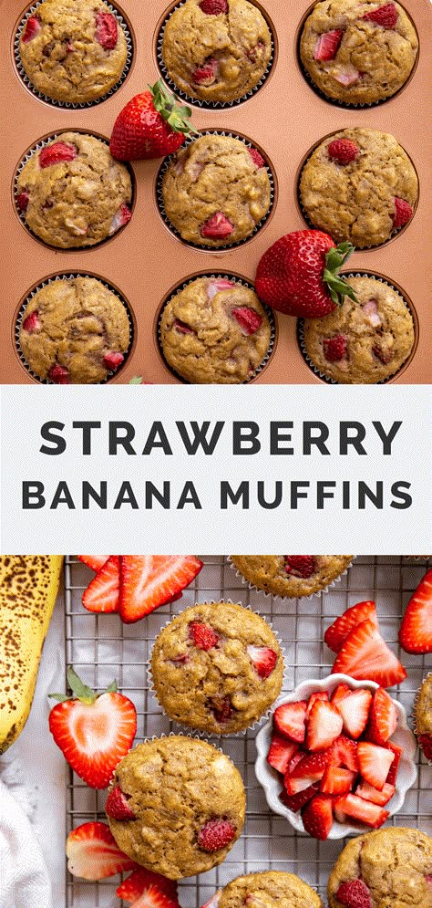 These Strawberry Banana Muffins are a deliciously healthy breakfast or snack where each bite is a burst of fruity flavor! Packed with whole grains and juicy strawberries that add a tart, sweet, jammy contrast to the creamy richness of the banana bread muffin batter. #strawberrybananamuffins #muffinrecipes Strawberry Muffins Healthy, Strawberry Banana Muffins, Healthiest Nut Butter, Banana Muffins Recipe, Healthy Eats Recipes, Banana Muffins Easy, Breakfast Baking, Dessert For Breakfast, Muffins Healthy