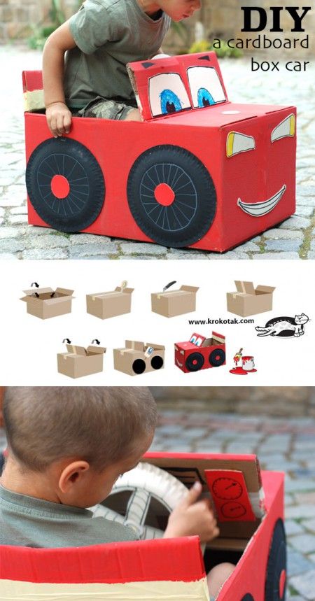 DIY Cardboard Box Car Cardboard Box Car, Cardboard Car, Cardboard Box Crafts, Cardboard Toys, Cars Theme Birthday Party, Craft Things, Cars Birthday Parties, Kraf Diy, Kids Diy