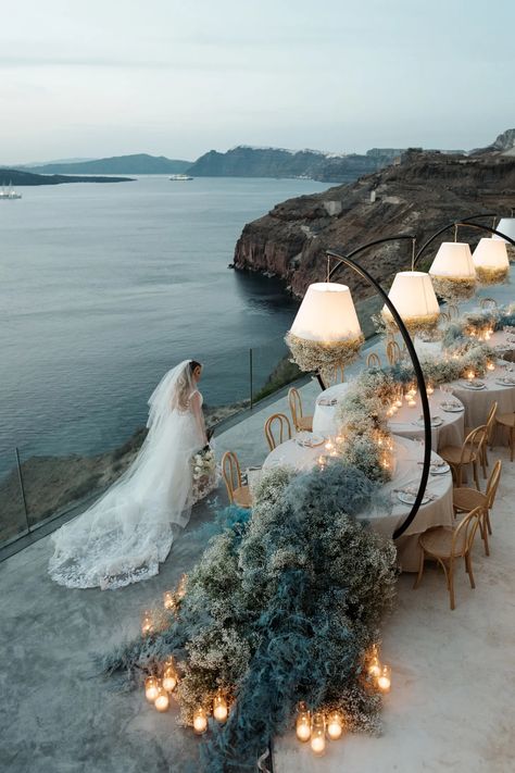 The Stunning Flowers Were The “Something Blue” at This Dreamy Santorini Destination Wedding Italy Wedding Destinations, Small Greece Wedding, Japan Destination Wedding, Le Ciel Santorini Wedding, Wedding Greece Inspiration, St Tropez Wedding, Greek Mythology Wedding Theme, Destination Wedding Aesthetics, Wedding Inspo 2024