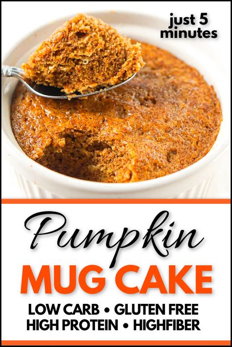 If you are looking for a low carb mug cake recipe try this healthy pumpkin mug cake recipe. This protein mug cake doesn't use protein powder or flour but it's low carb, high protein, high fiber and gluten free. So next time you are craving pumpkin spice muffin, try this microwave keto pumpkin protein mug cake. Great low carb, high protein breakfast or snack too! Pumpkin Mug Cake Recipe, High Fiber Muffins, Pumpkin Mug Cake, Fiber Muffin, Protein Mug Cake, Keto Favorites, High Protein High Fiber, Low Carb Mug Cakes, Primal Breakfast