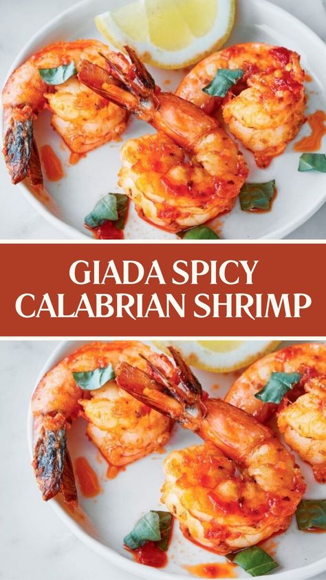 Giada Spicy Calabrian Shrimp Giada De Laurentiis Shrimp Recipes, Spicy Shrimp Appetizer Recipes, Giada Appetizers, Calabrian Shrimp, Shrimp Oreganata Recipe, Shrimp Arugula, Shrimp Appetizer Recipes, Giada Recipes, Chili Shrimp