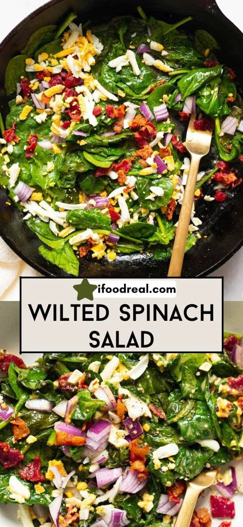 Wilted Spinach Salad recipe with warm bacon dressing, eggs, and red onion is the delicious side dish or light lunch you didn’t know you were missing. Warm Spinach Salad With Bacon, Hot Bacon Spinach Salad, Spinach Salad With Warm Bacon Dressing, Wilted Lettuce Salad Bacon, Wilted Spinach Salad With Bacon, Wilted Salad Recipe, Spinach Egg Salad, Wilted Salad, Warm Spinach Salad