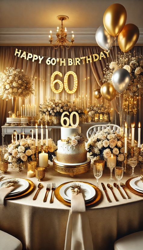 🎉 21 Show-Stopping 60th Birthday Decoration Ideas You Need to Try! 🎂 60th Birthday Decoration Ideas, 60th Birthday Cake For Mom, 60th Birthday Celebration Ideas, Gold And Silver Balloons, 60th Birthday Ideas For Mom Party, Gold And White Color Scheme, 60th Birthday Party Themes, 60th Birthday Theme, 60th Birthday Ideas For Mom