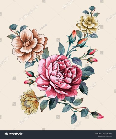 Digital Textile Design Flowers Leaves Digital Stock Illustration 2501460877 | Shutterstock Botanical Flowers Png, Digital Flowers Png, Flower Bunch Png, Flower Shutterstock, Textile Border, Watercolor Flowers Png, Flower Pattern Design Prints, Mughal Flower, Sequence Design