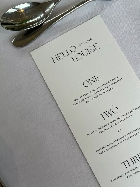 Modern weddign menus personalised with guest names. Crisp black ink printed on luxury card stock. Designed by @notesstudiouk Private Dinner Menu Design, Menus With Names Wedding, Wedding Menus With Guest Names, Wedding Menu With Guest Name, Menu For Wedding, Menus Design, Wedding Menus Design, Event Stationery, 2024 Inspiration