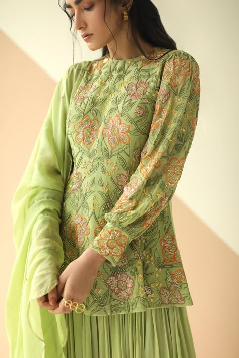 Buy Ease Green Pure Crepe Embroidered Kurta Sharara Set Online | Aza Fashions Scallop Dupatta, Kurta Sharara Set, Pista Green, Kurta Sharara, Casual Indian Fashion, Salwar Kamiz, Indian Dresses Traditional, Dress Design Patterns, Traditional Indian Outfits