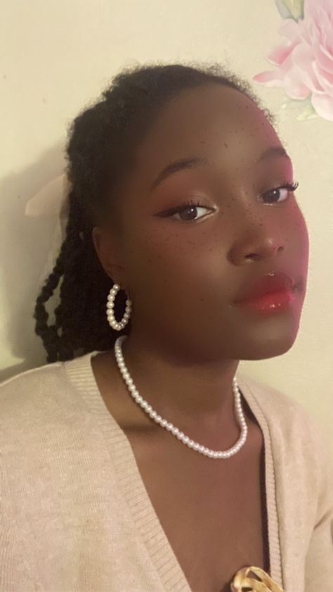 #coquette #blackgirl Strawberry Blush Makeup, Croquette Aesthetic Makeup, Coquette Makeup Dark Skin, Light Feminine Aesthetic Makeup, Couqutte Make Up, Coquette Make Up, Princesscore Makeup, Soft Cottagecore Makeup, Ballet Core Makeup