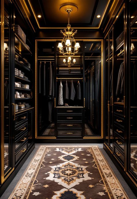 Walk in Closet Ideas Luxury Black Closet, Black White And Gold Closet, House Interior Wardrobe, Black And Gold Closet, Dark Walk In Closet, Black Walk In Closet, Dark Dressing Room, Walk In Closet Design Luxury, Walk In Wardrobe Luxury