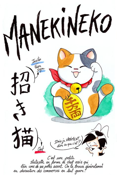 Maneki-neko - 招き猫 - Le chat porte bonheur - Joranne Bagoule - Blog sur le japon en BD Japanese Language Lessons, Tokyo Japan Travel, Japanese Drawings, Japanese Language Learning, Japan Travel Tips, Neko Cat, Ragdoll Kitten, Japan Culture, Sleepy Cat