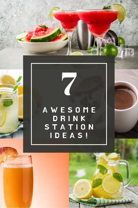 Planning an event and after a fun way to serve your guests beverages? Why not opt for a fun and unique drink station?! From lemonade stands (with a twist!) to frozen margarita bars, the 7 awesome drink station ideas in this article are a must-see! Party Beverage Station Ideas, Self Serve Margarita Bar, Lemonade Bar Beverage Stations, Beverage Bar Ideas Drink Stations, Margarita Bar Ideas Drink Stations, Margarita Bar Ideas, Cocktail Station Party, Drink Station Ideas Party, Margarita Bars