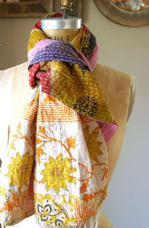 Sashiko Scarf Diy, Sashiko Scarf, Boro Scarf, Quilt Scarf, Quilted Scarf, Sewing Scarves, Kantha Silk, Boro Stitching, Sashiko Boro