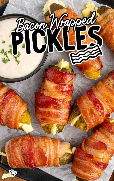 a bunch of Bacon Wrapped Pickles with a bowl of dipping sauce Pickle Wrapped In Bacon, Bacon Wrapped Dill Pickles, Pickle Bacon Wraps, Bacon Wrapped Crackers Parmesan, Bacon Wrapped Cream Cheese Pickles, Pickle Poppers Bacon Wrapped, Bacon Wrapped Finger Foods, Bacon Wrapped Hot Dogs Air Fryer, Dill Pickle Bacon Shots