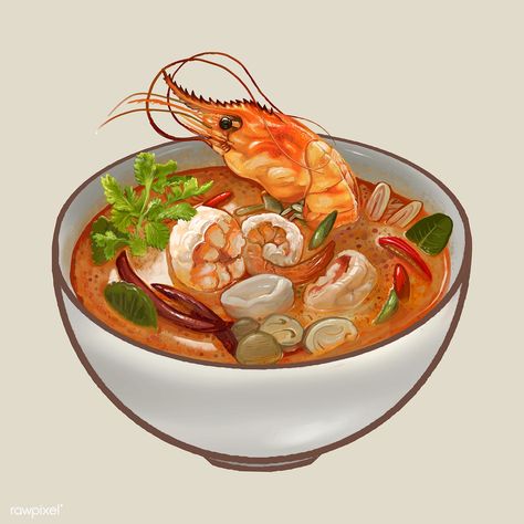 Tom Yum Kung soup illustration | premium image by rawpixel.com Soup Illustration, Sweet And Sour Shrimp, Soup Sticker, Tom Yum Kung, Illustration Mushroom, Tom Yum Goong, Tom Yum Soup, Foodie Art, Mushroom Drawing