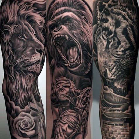 Roaring Gorilla With Calm Lion Guys Amazing Sleeve Tattoo Ideas Lion Sleeve, Animal Sleeve Tattoo, Sleeve Tattoo Designs, Animal Sleeve, Gorilla Tattoo, Lion Tattoo Sleeves, Mens Lion Tattoo, Tattoos Geometric, Tattoo Sleeves