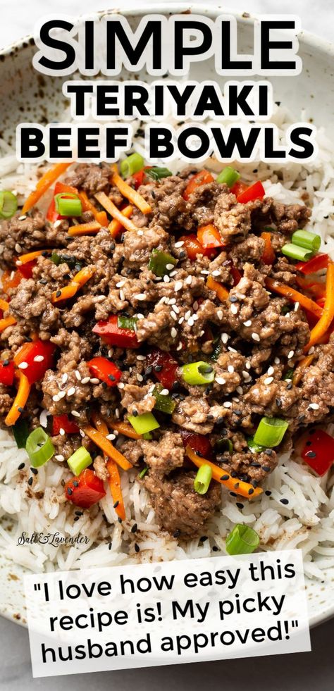 Ground Beef Recipes Teriyaki, Hamburger Teriyaki Ground Beef, Healthier Ground Beef Recipes, Ground Beef Teriyaki Recipe, Ground Beef Teriyaki Bowl, Beef Teriyaki Bowl, Teriyaki Beef Bowl, Easy Rice Bowls, Terriyaki Beef