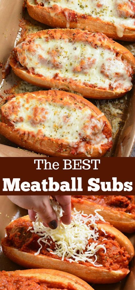 meatball sub collage top picture is meatball subs cooked in casserole dish bottom picture is cheese being put over meatball sub Meatballs Marinara, Field Meals, Meatball Sub, Best Meatballs, Meatball Subs, Hot Sandwich, Homemade Meatballs, Italian Meatballs, Delicious Sandwiches