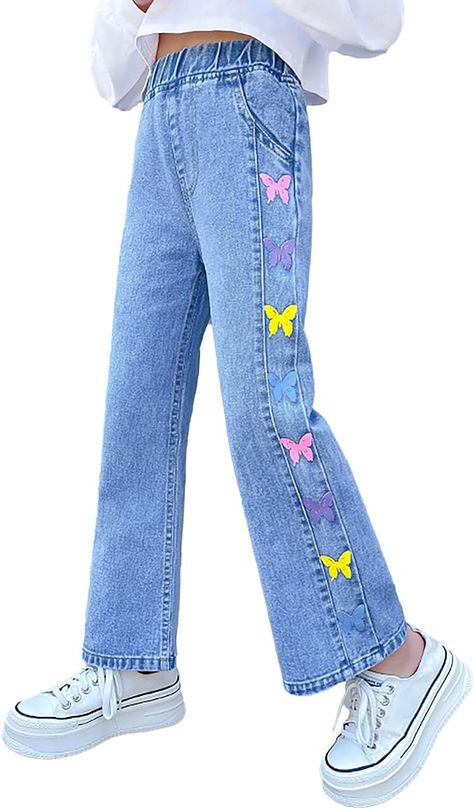 Girls Cargo Pants, Elastic Jeans, Girl Sweatpants, Kids Wear Girls, Girls Overalls, Trendy Pants, Colorful Butterfly, Loose Fit Jeans, Kids Denim