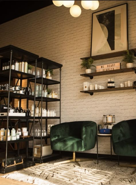 Moody Salon Design, Moody Hair Salon Decor, Industrial Spa Decor, Small Salon Suites Interior Design, Salon Decor Neutral, Salon Interior Design Green, Salon Interior Design Earthy, Black And Wood Salon Decor, Green And Black Salon Decor